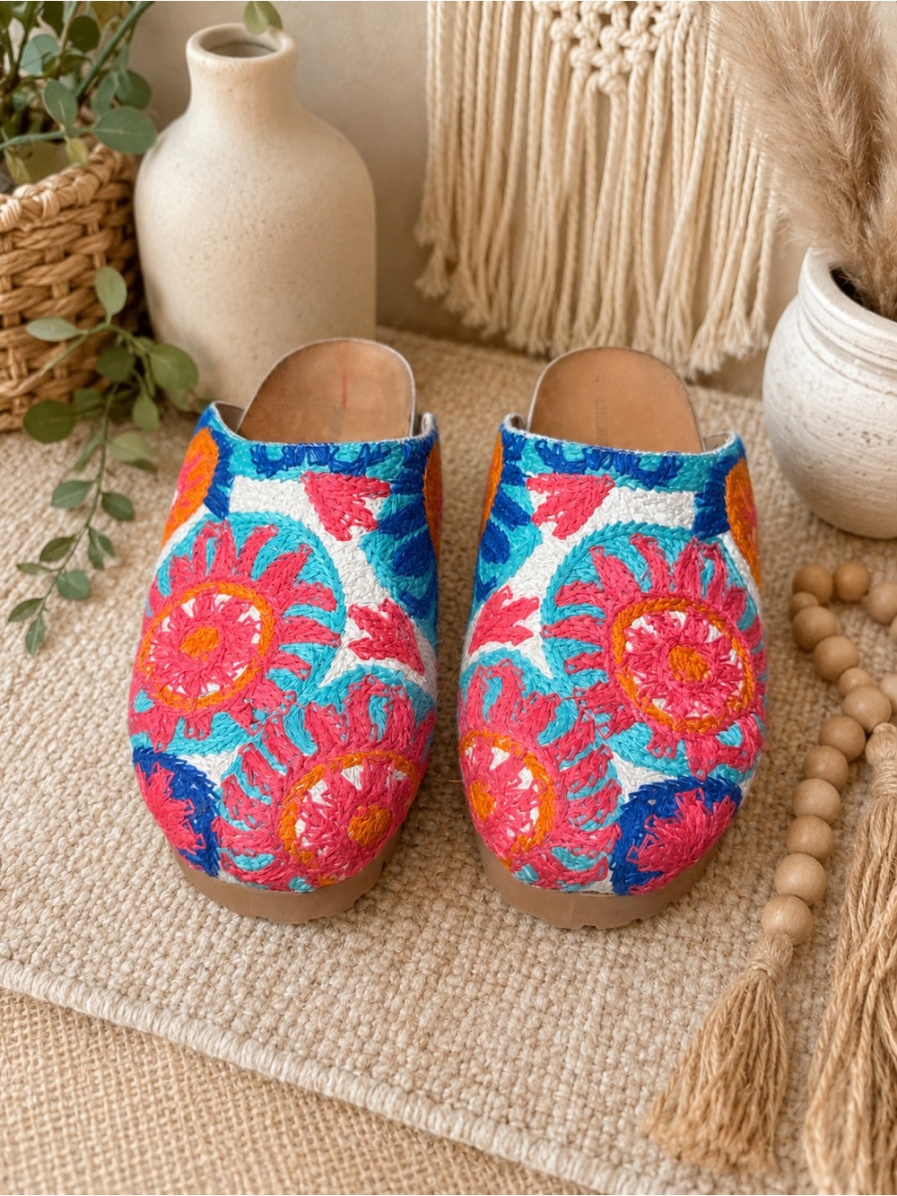 8.5• Handcrafted Floral Embroidered Women's Slip-On Clogs - Bright Multicolor